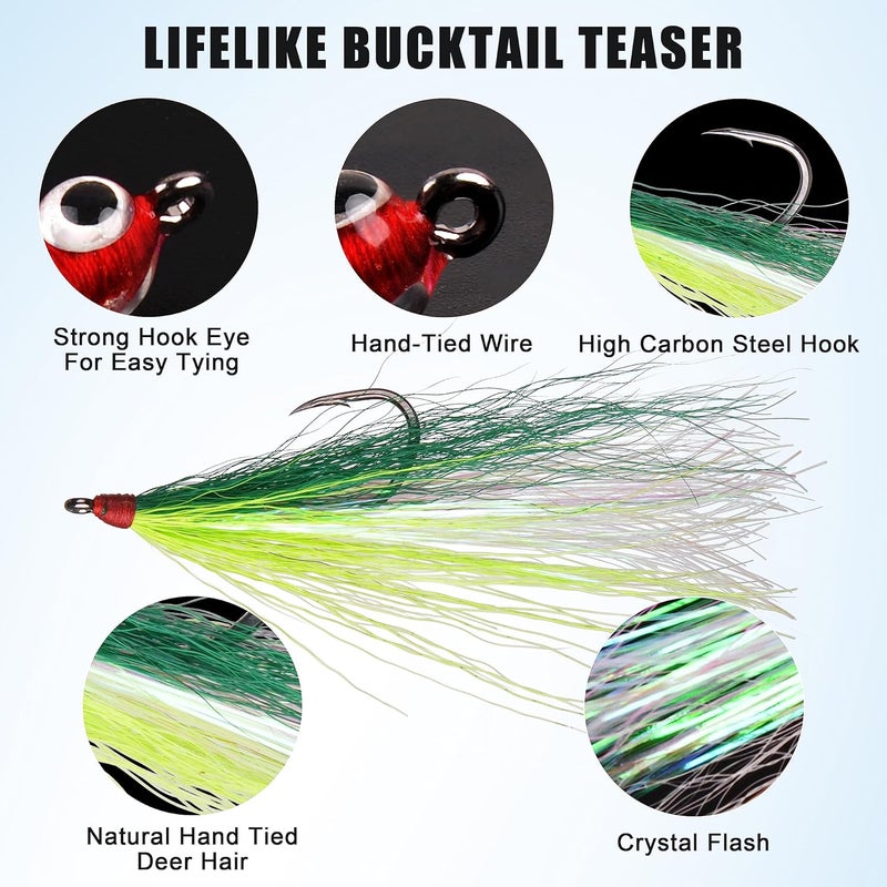 SILANON Fishing Bucktail Teaser Hooks,5pcs Saltwater Fishing Jig Teaser Lures with Carbon Steel Hooks Crystal Flash Flounder Rigs for Salmon Trout Sea Bass Steelhead - Image 2